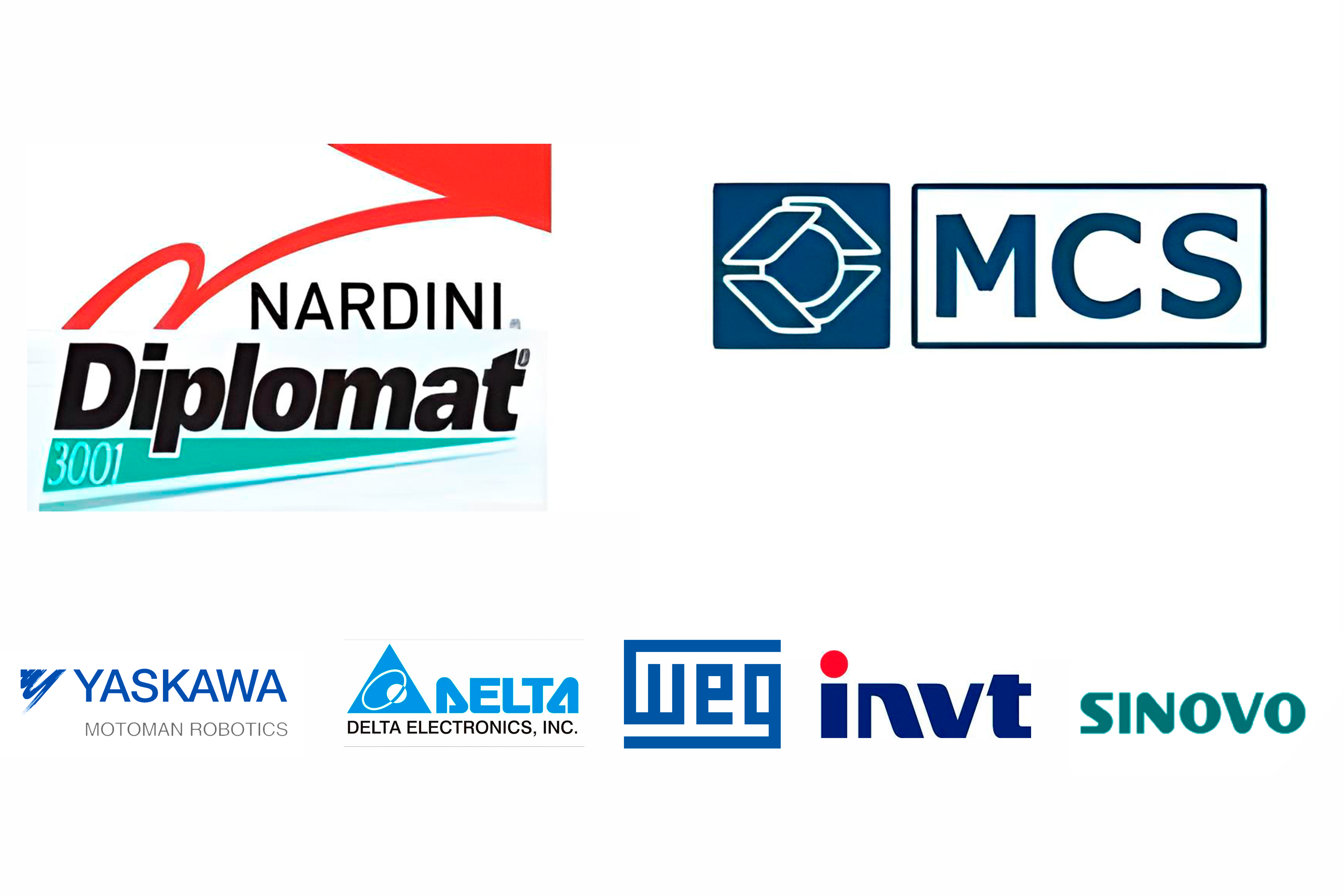 Imagem com marcas que a empresa atende, Diplomat, MCS, Yaskawa, Delta, WEG, Invt, Sinovo